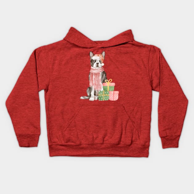 Christmas Boston Terrier Kids Hoodie by Budwood Designs